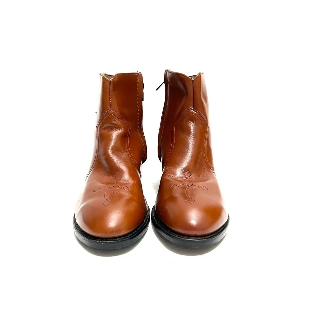 Vintage 1970s men’s brown vegan leather steel toe western style safety boots
